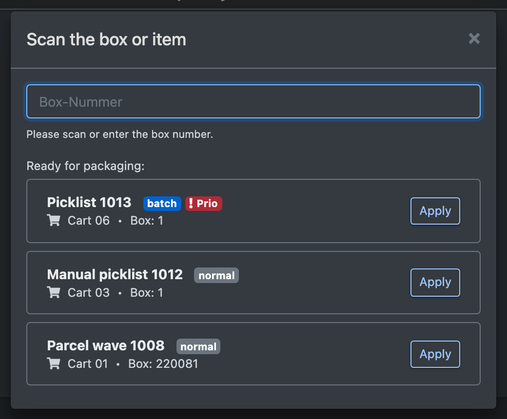 Screenshot: Packing screen with the list "Ready for packaging" and the box scan field