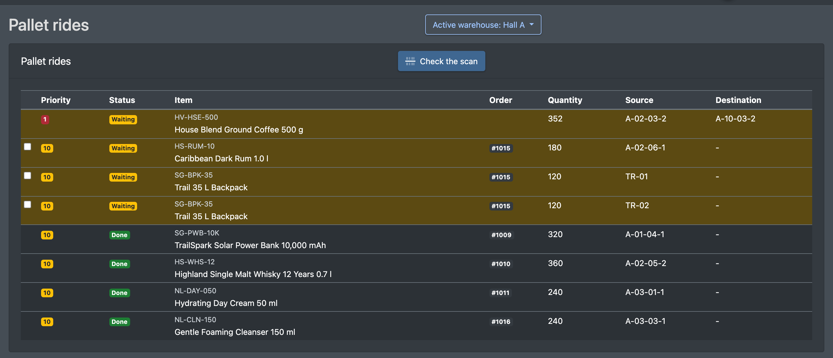 Screenshot: Pallet rides list with priority, status, item, order, quantity, source and destination