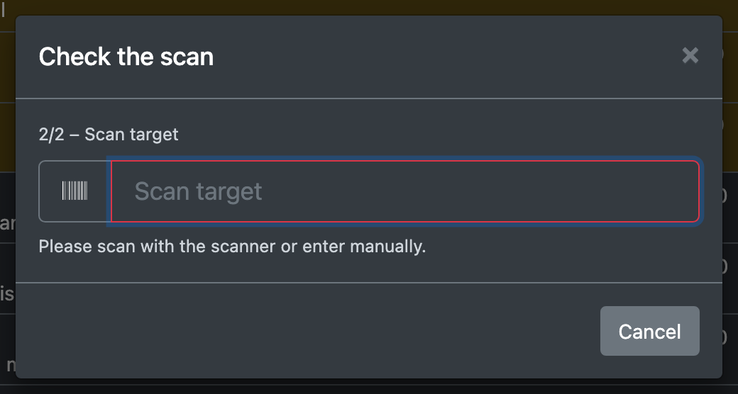 Screenshot: Scan dialog after the pallet scan asking for the destination