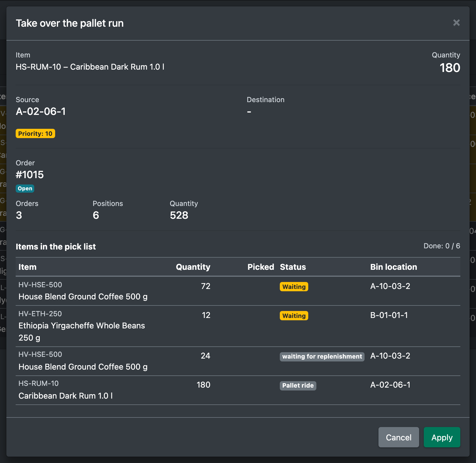 Screenshot: Take over dialog with the details of the selected pallet run