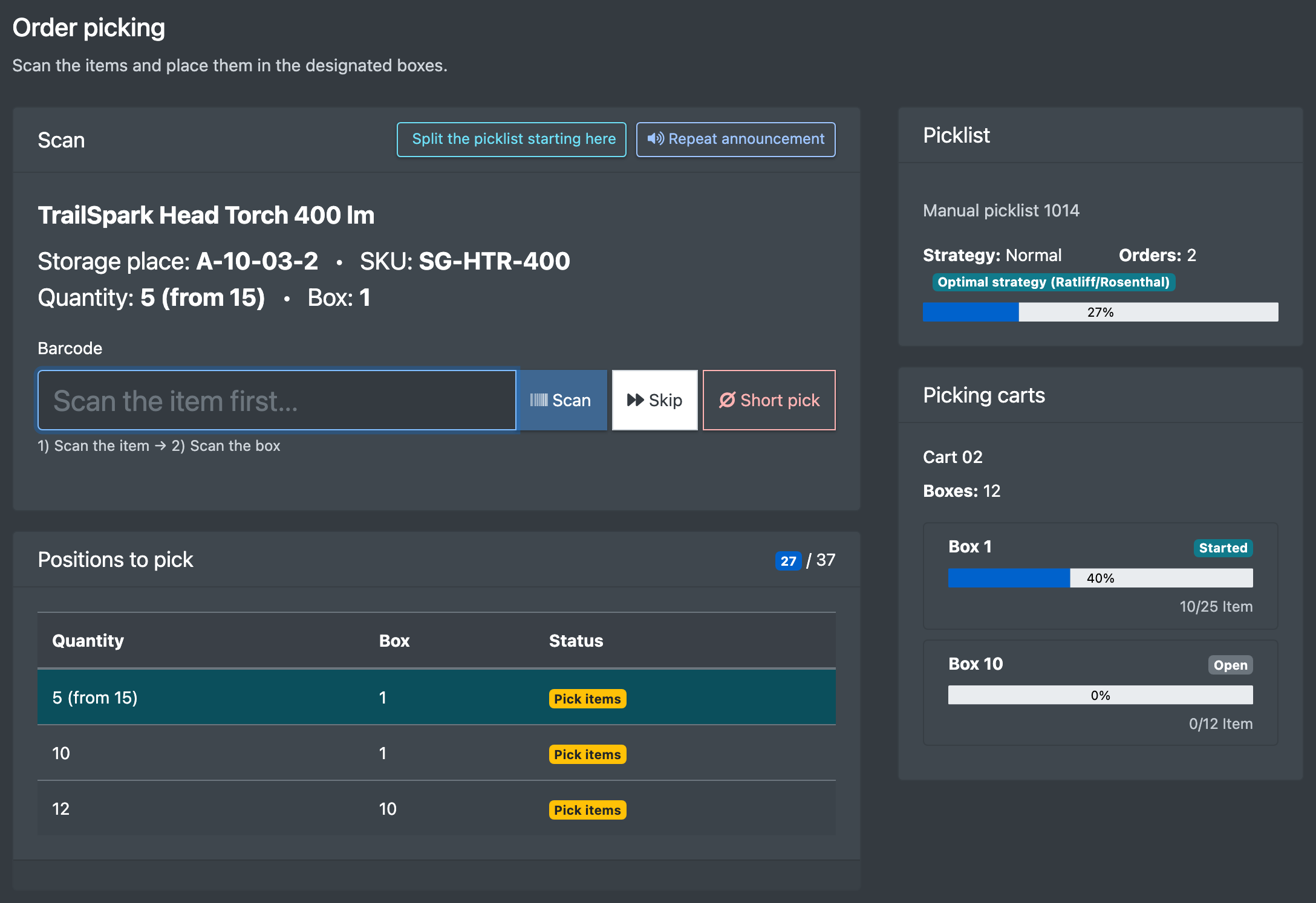 Screenshot: Picking step with the picklist card and the list of positions to pick