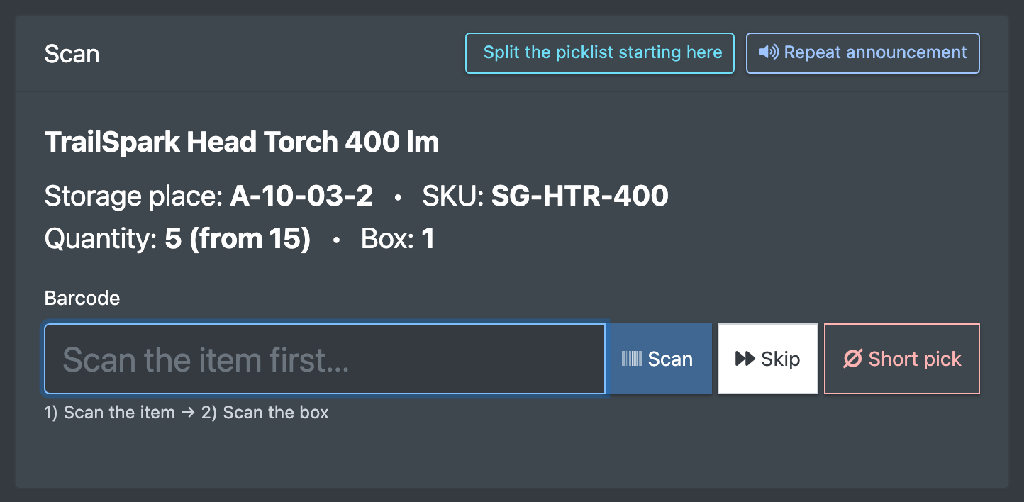 Screenshot: Current position with storage place, item image, quantity and the three-step hint "Scan the item → Confirm the quantity → Scan the box"