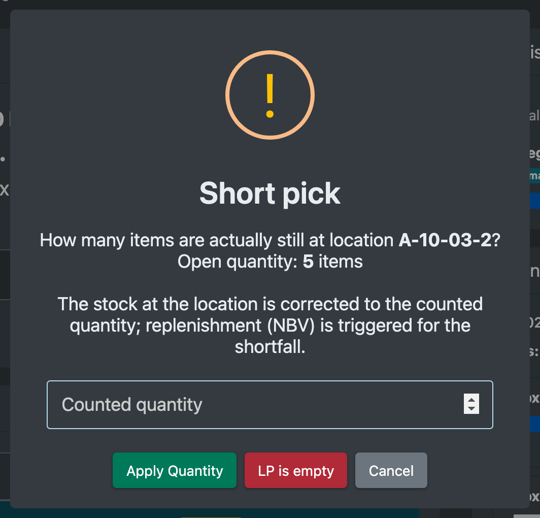 Screenshot: Under-withdrawal dialog asking for the actual quantity at the storage place