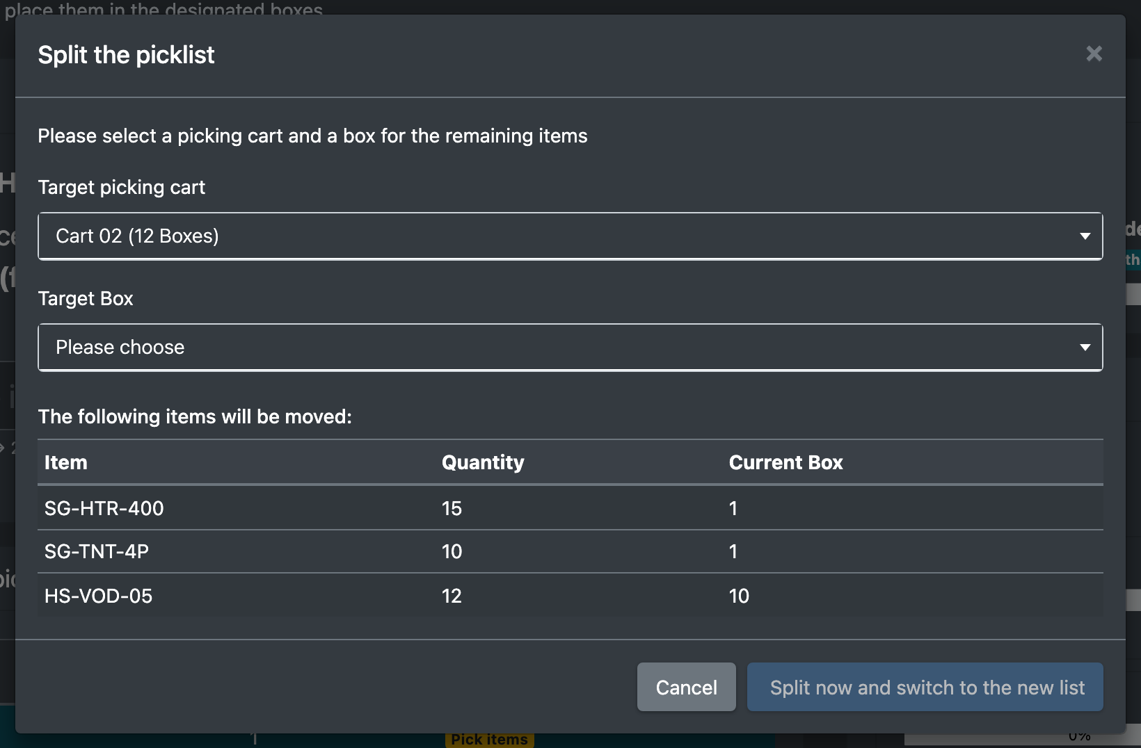 Screenshot: Split dialog with target cart, target box and the positions that will be moved