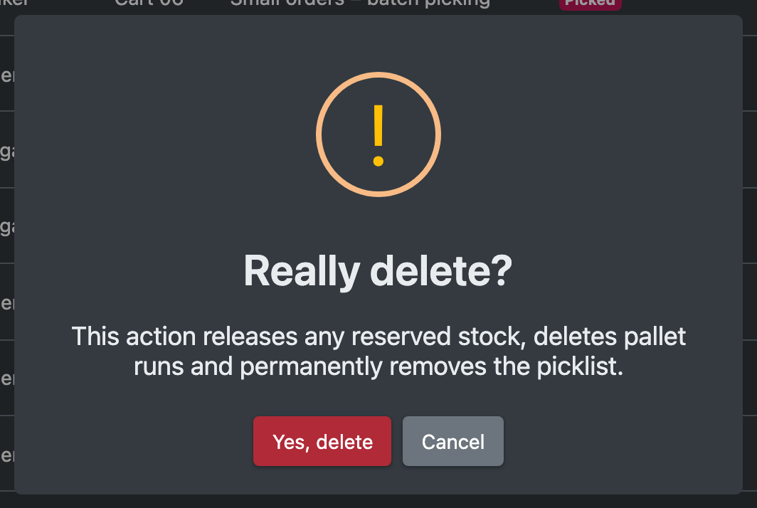 Screenshot: Confirmation dialog "Really delete?" for a picklist