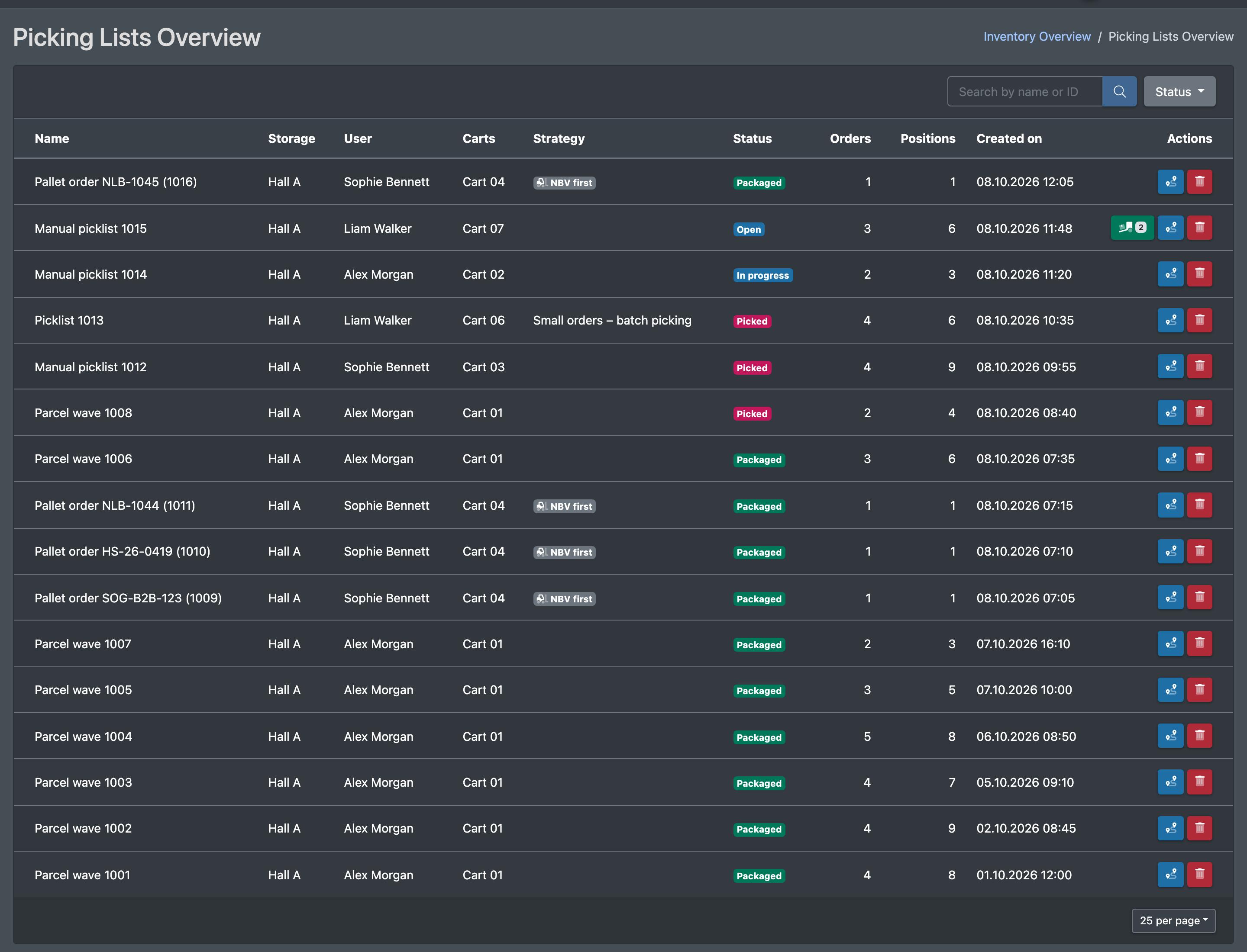 Screenshot: Picklist overview with search field, status filter and several picklists
