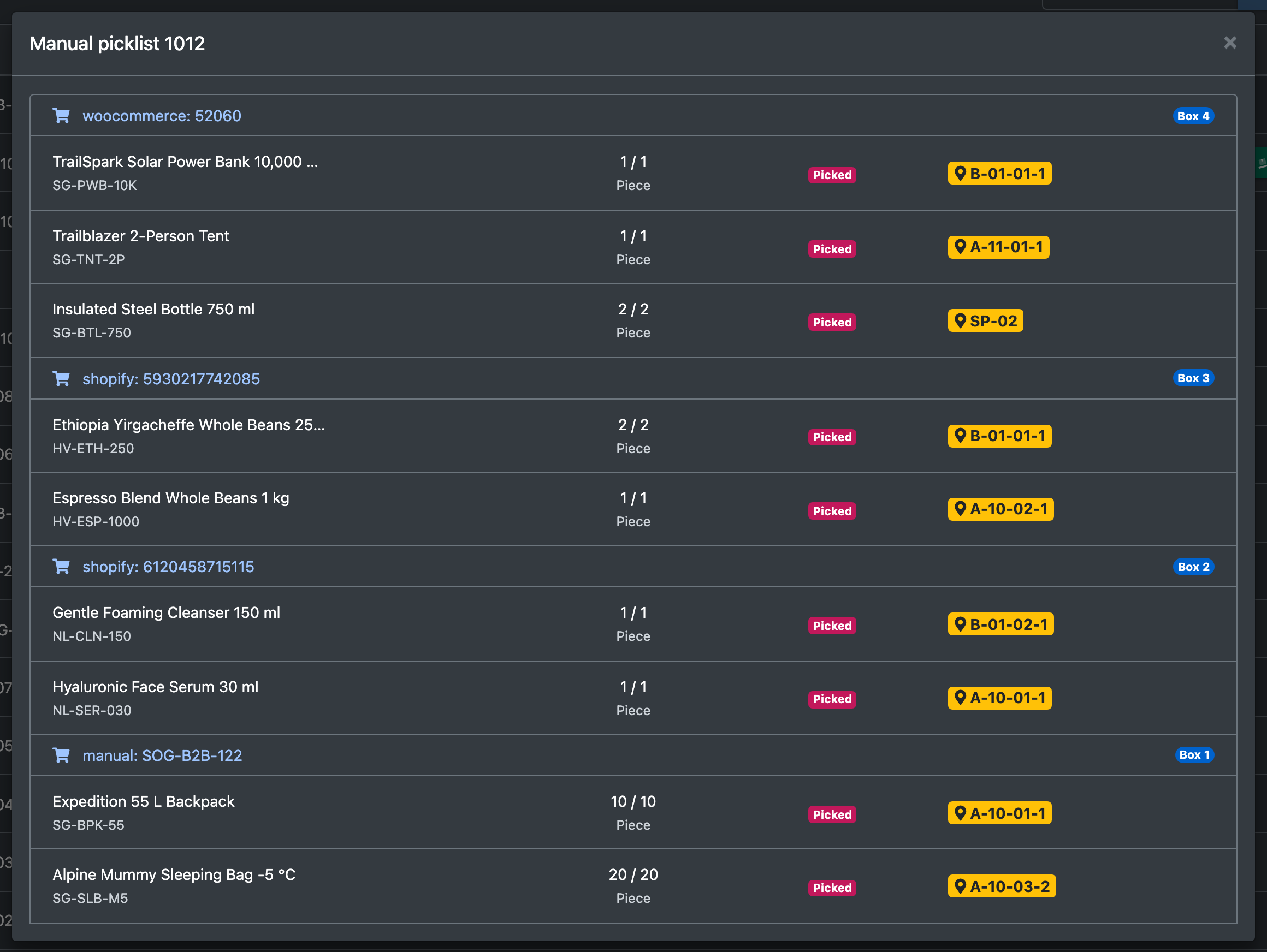 Screenshot: Expanded picklist row showing its positions with storage place, box and quantity