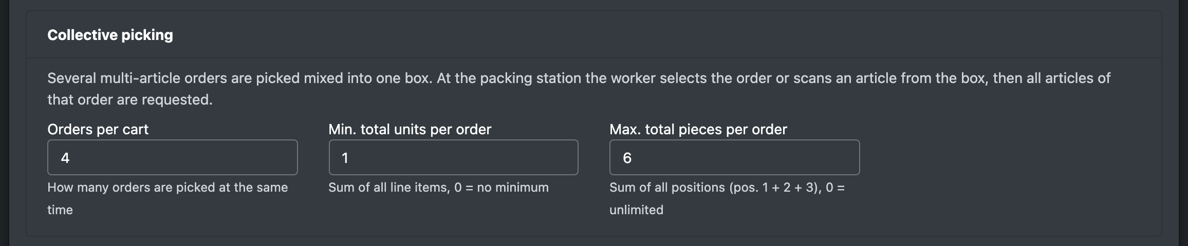 Screenshot: Collective picking box with orders per cart and min/max pieces per order