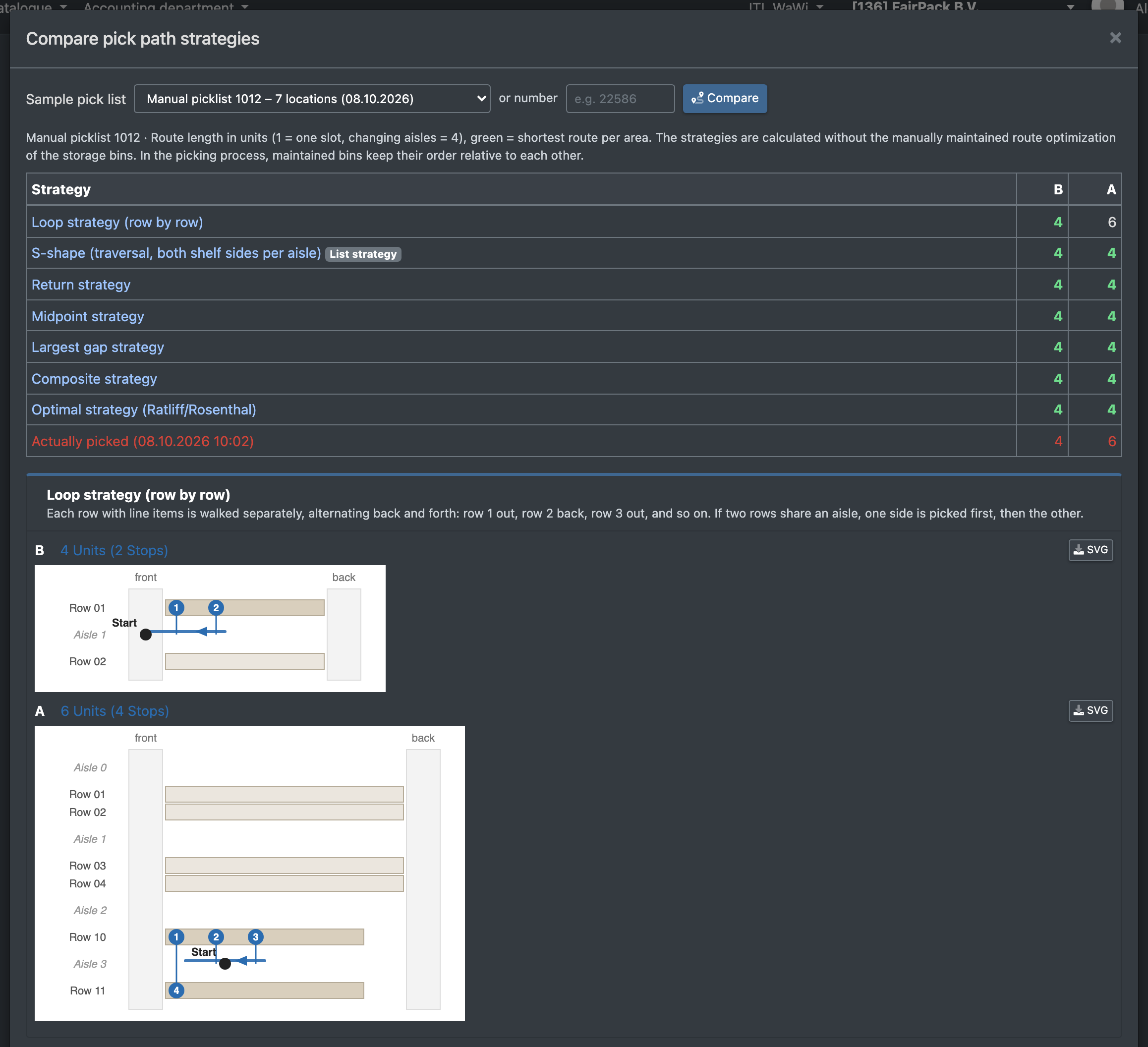 Screenshot: Compare pick paths dialog with walking lengths per strategy and route diagrams