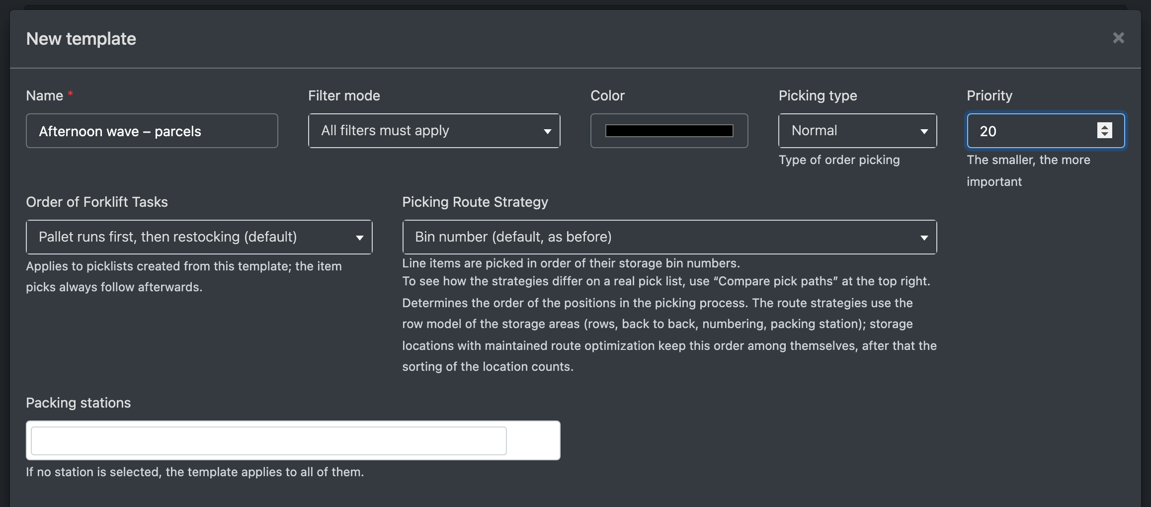 Screenshot: New template form with name, priority, filter mode and picking type filled in