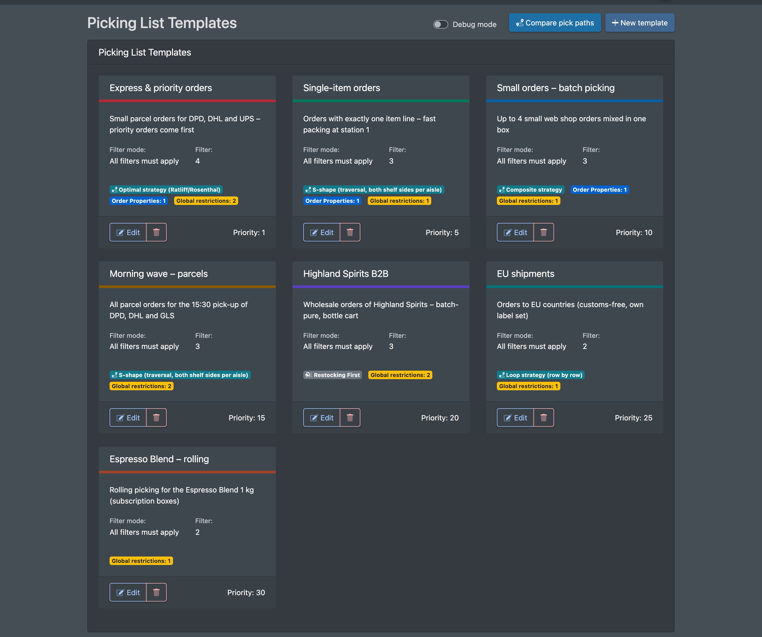 Screenshot: Picklist templates overview with several templates, their colours and priorities