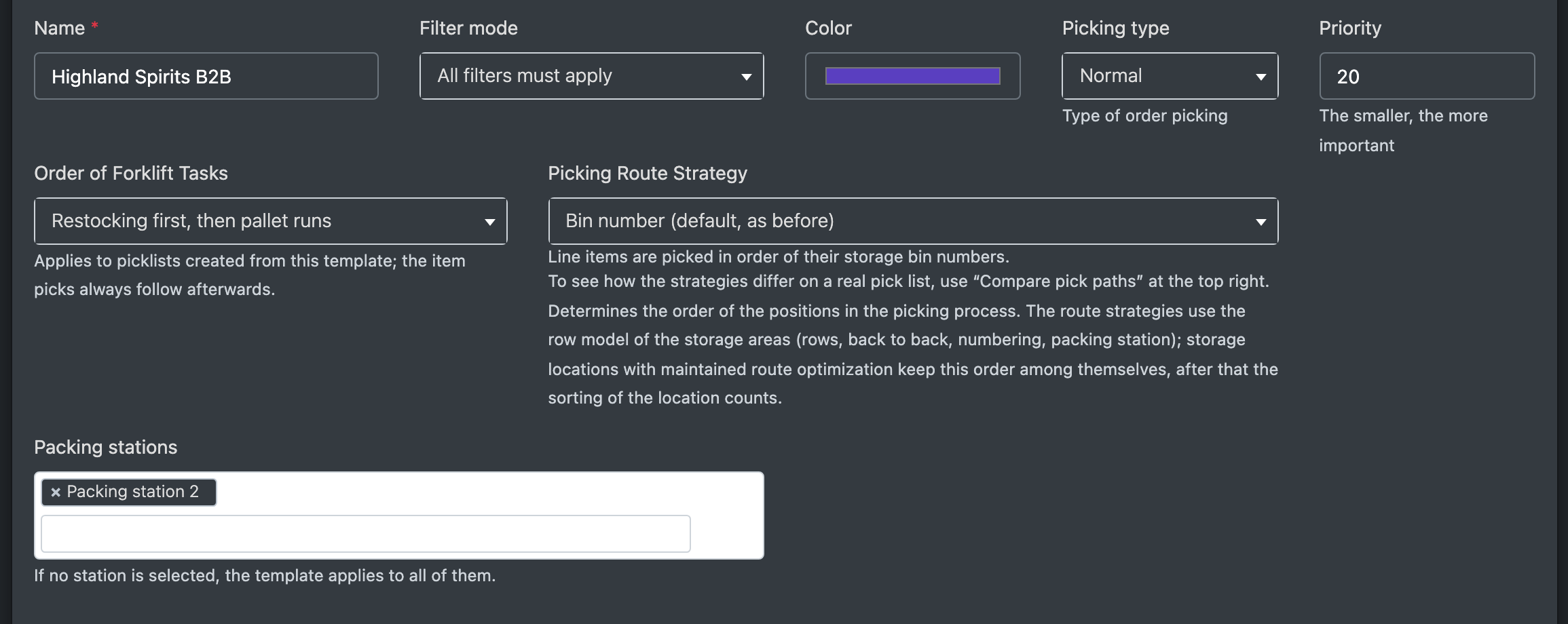 Screenshot: Template form showing the pick route strategy, forklift task order and packing station fields