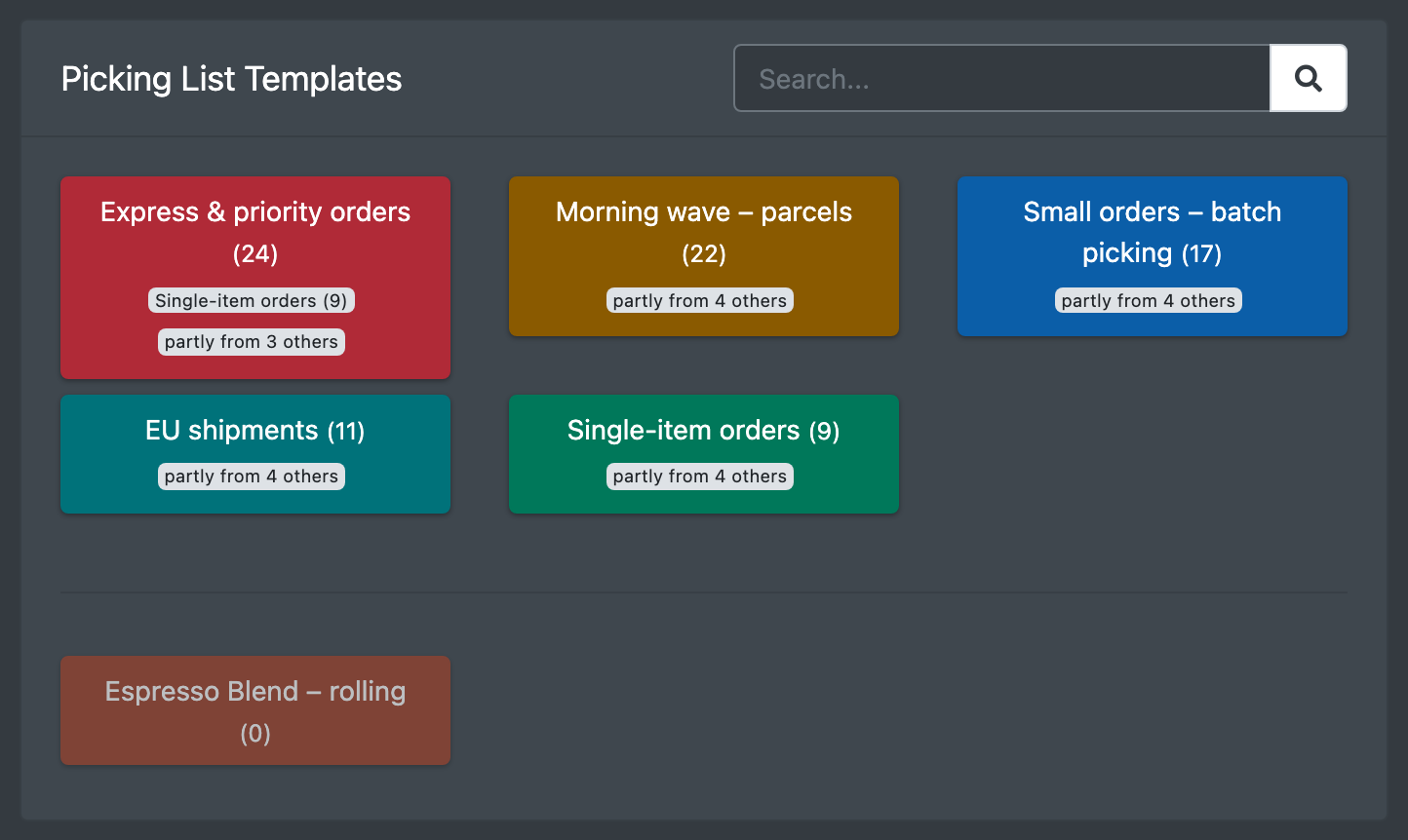 Screenshot: Template tiles in the picking process with match counts and overlap chips