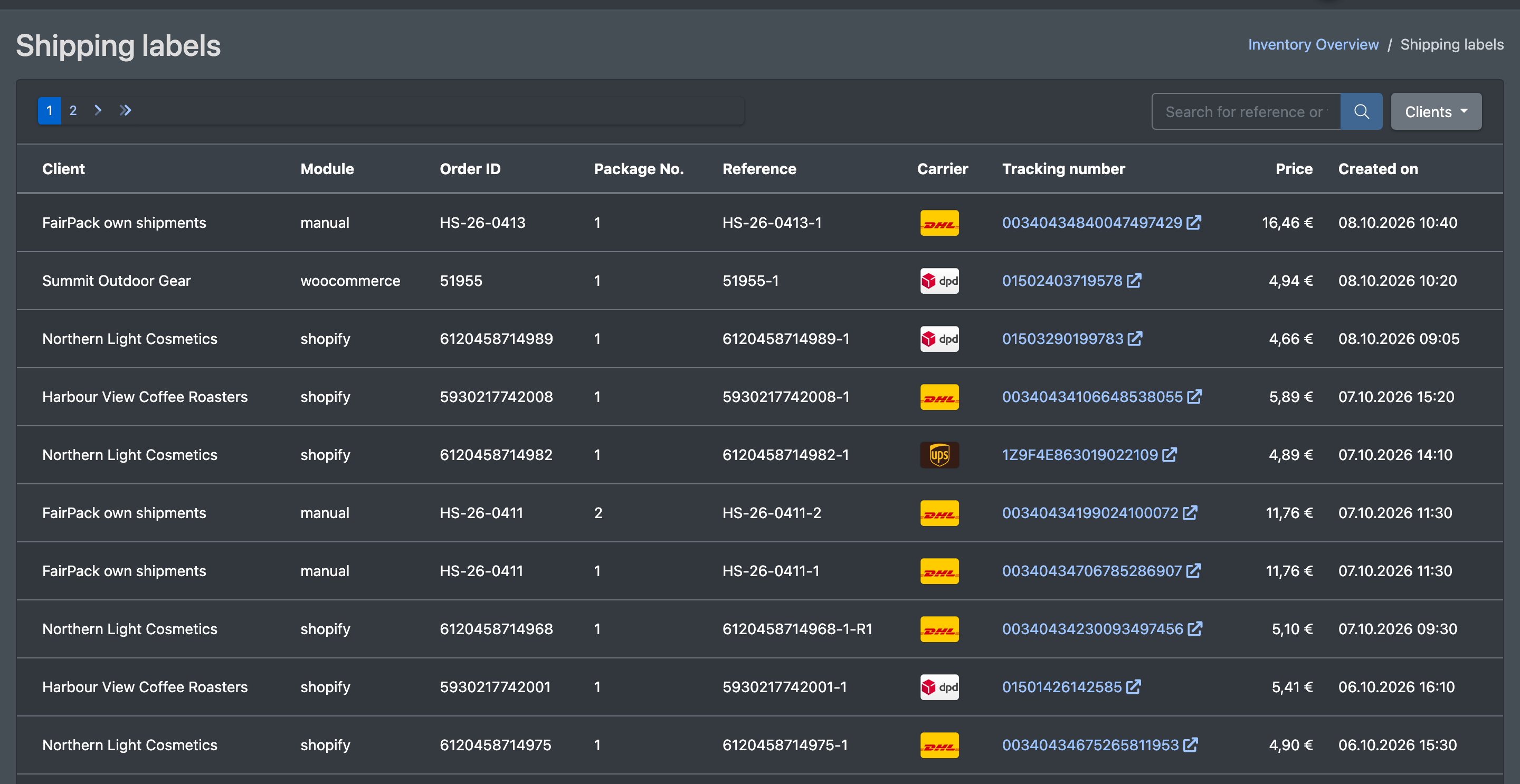 Screenshot: Shipping labels overview with search field, client filter and list of labels