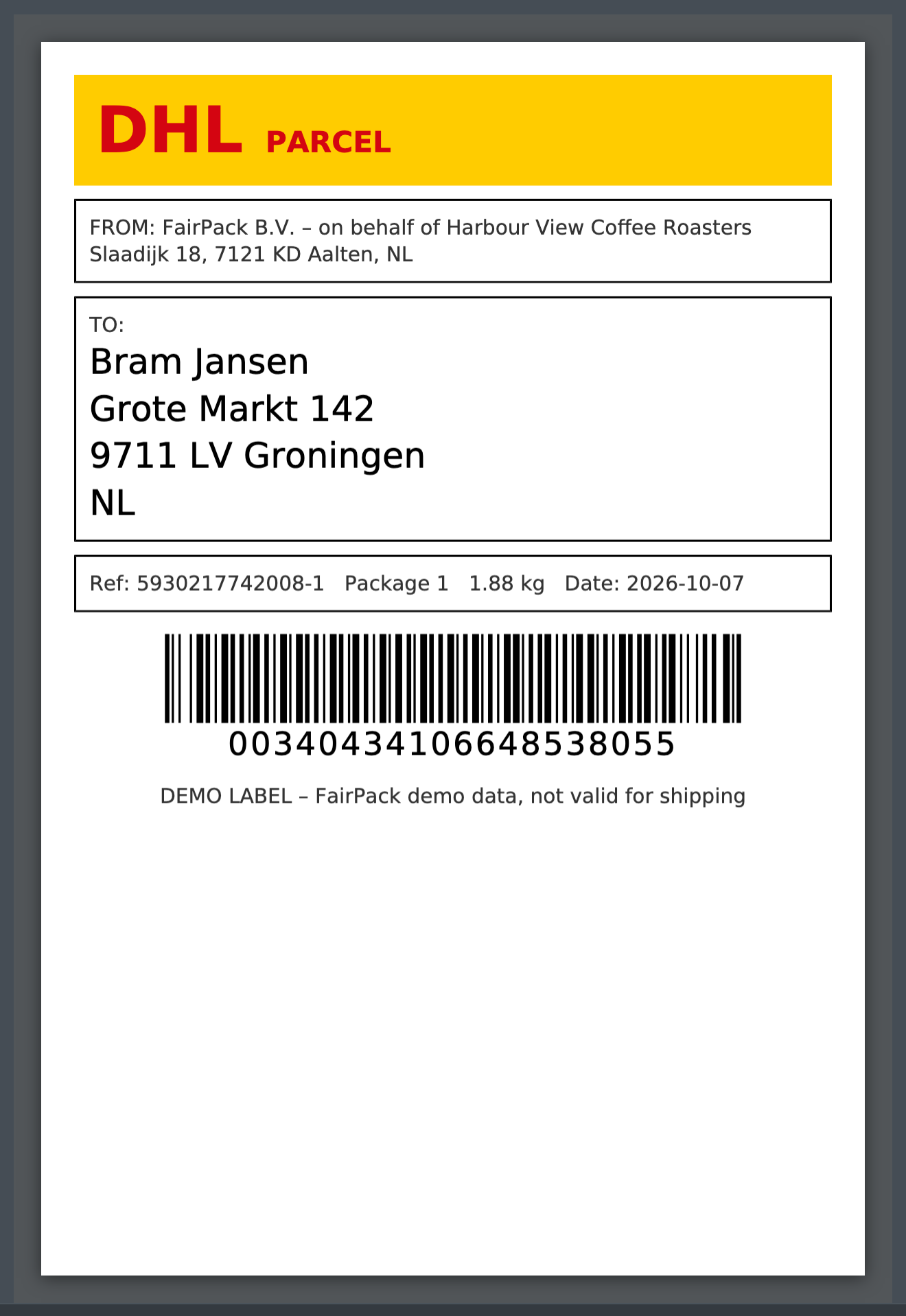 Screenshot: Opened label PDF of a parcel