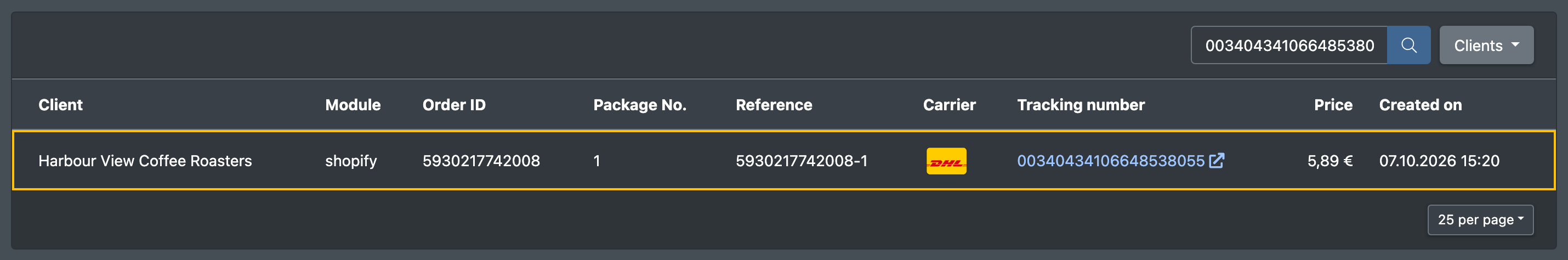 Screenshot: Search result for a tracking number with the label row highlighted