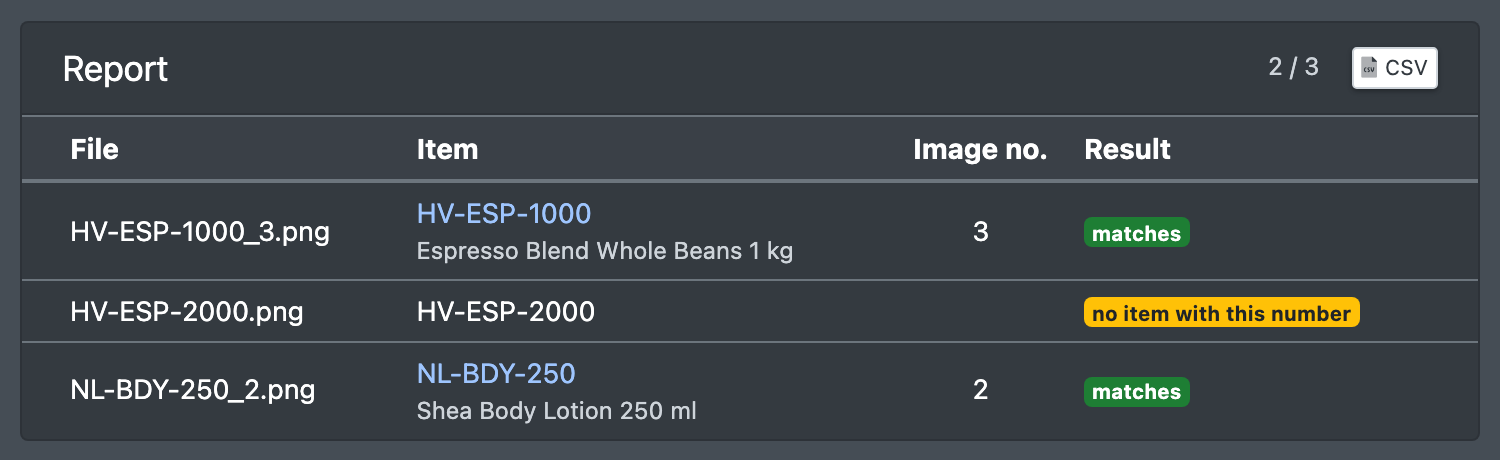 Screenshot: Report table of the bulk upload with columns File, Item, Image no. and Result