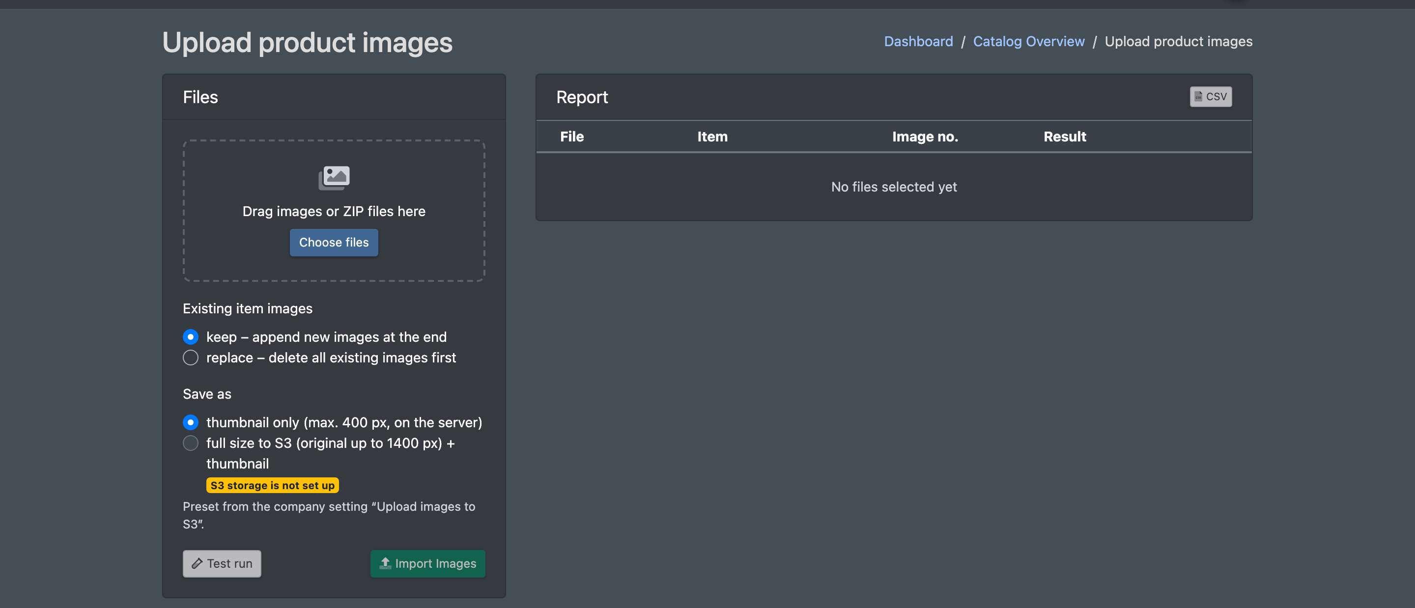 Screenshot: Bulk upload page with the drop area, the options "keep / replace" and "save as", and the buttons Test run and Import Images