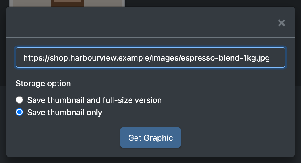 Screenshot: Dialog "Load image via URL" with URL field and storage option