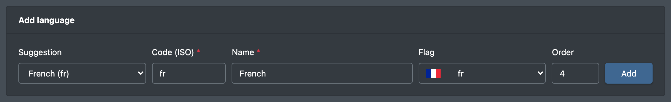 Screenshot: Box "Add language" filled from the suggestion French with code fr, name, flag preview, order and the Add button