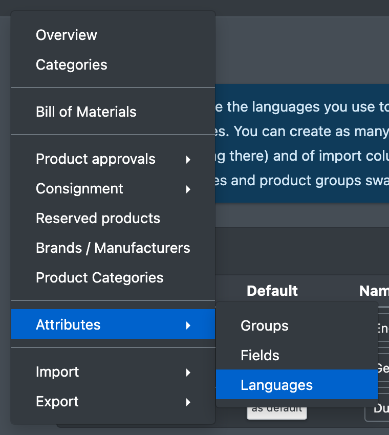 Screenshot: Catalogue menu with the Attributes submenu opened and the entry Languages highlighted