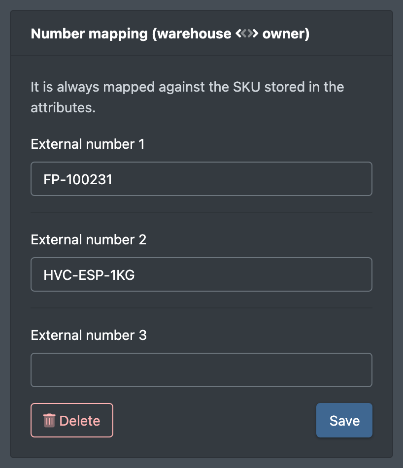 Screenshot: Number mapping card with two external numbers filled in and one empty field