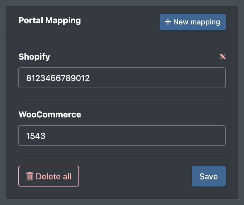 Screenshot: Portal mapping card with two mapped portals, the red X symbols and the "Delete all" button