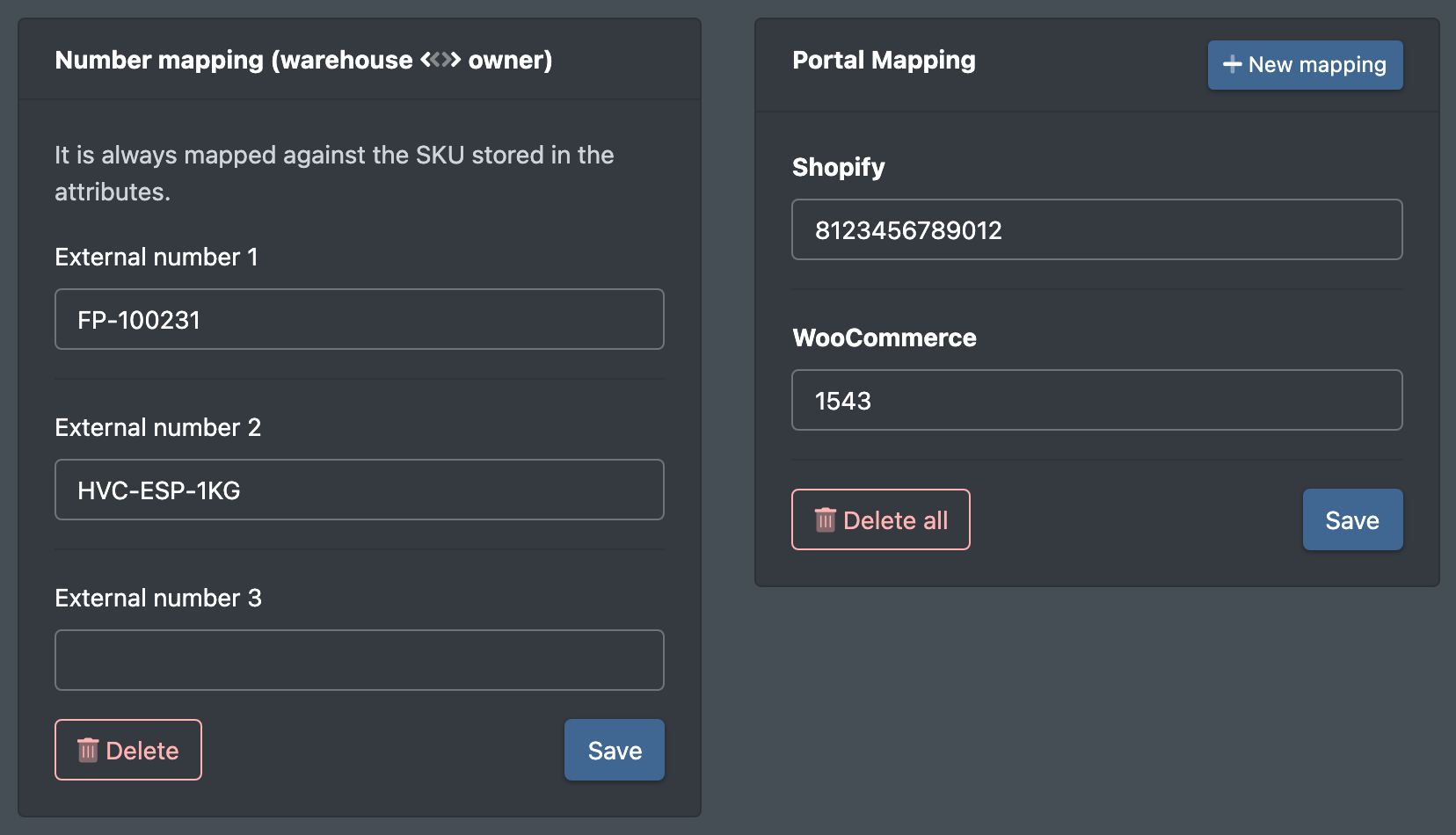 Screenshot: Mapping tab of an article with the number mapping on the left and the portal mapping on the right