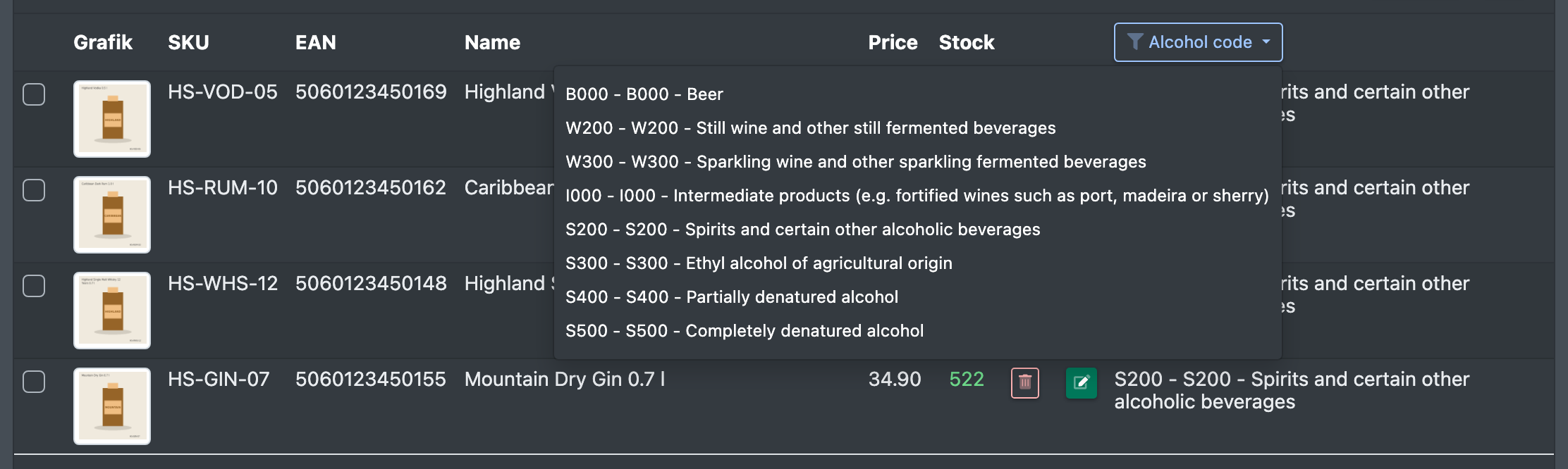 Screenshot: Column header with the attribute filter drop-down opened