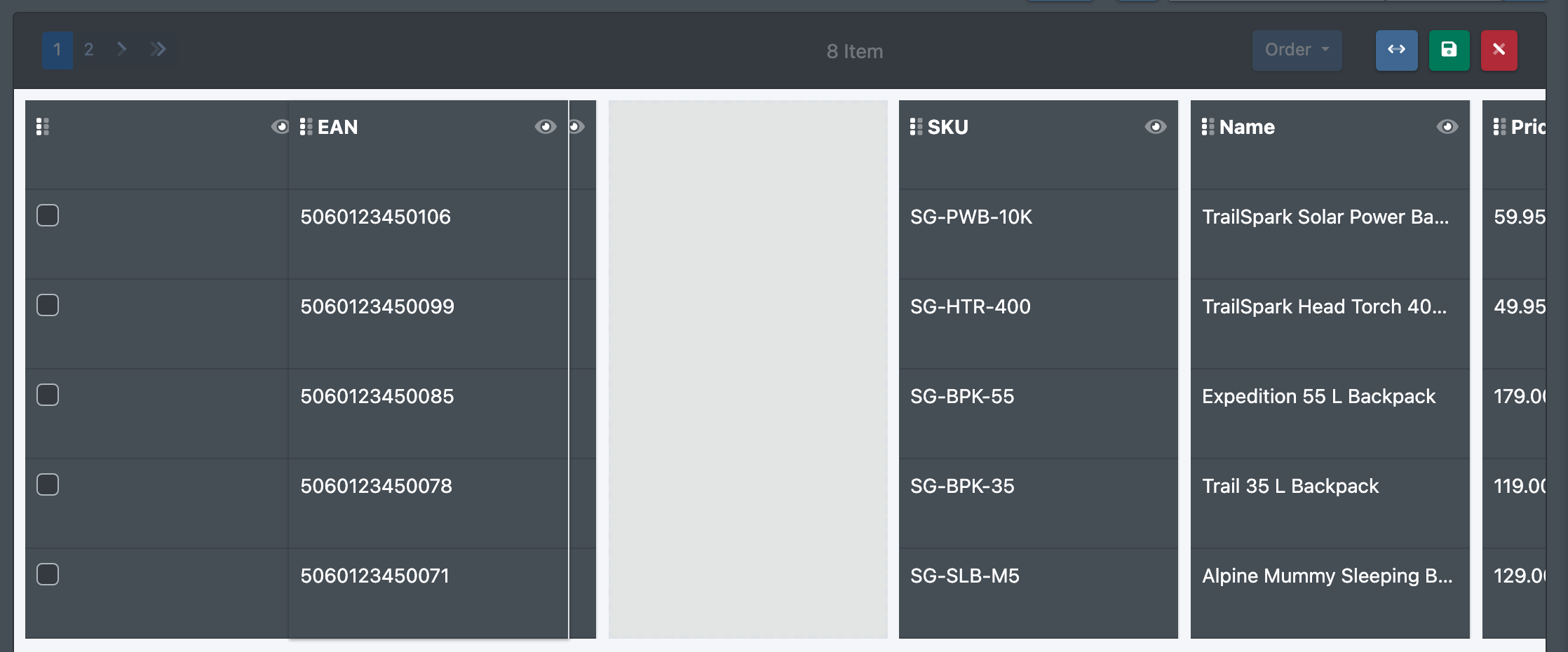 Screenshot: Column editor with columns being dragged into a new order
