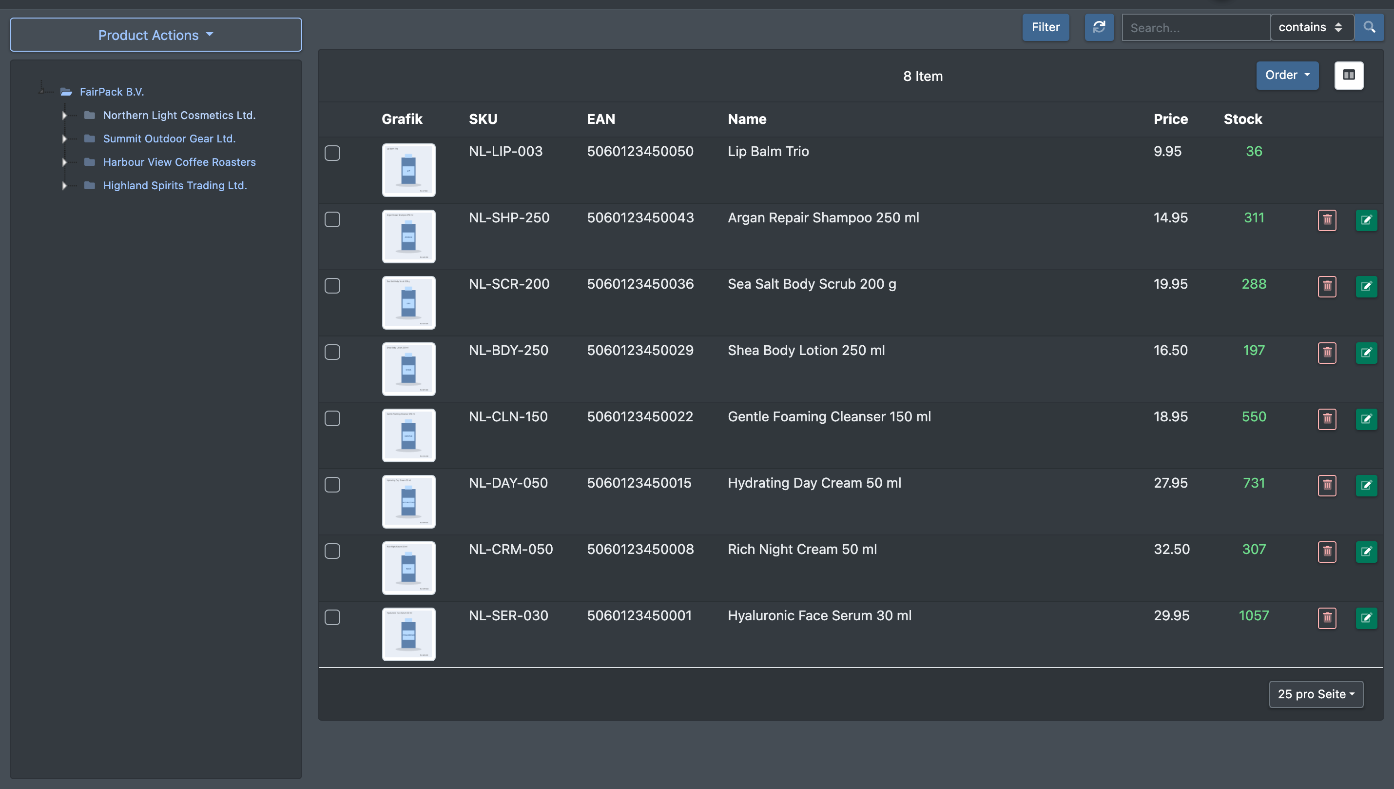 Screenshot: Article overview with the category tree on the left and the article table on the right