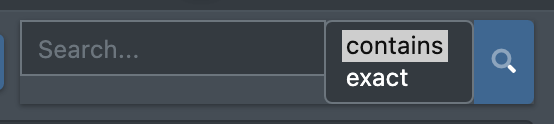 Screenshot: Search field with the search mode drop-down "contains / exact" opened