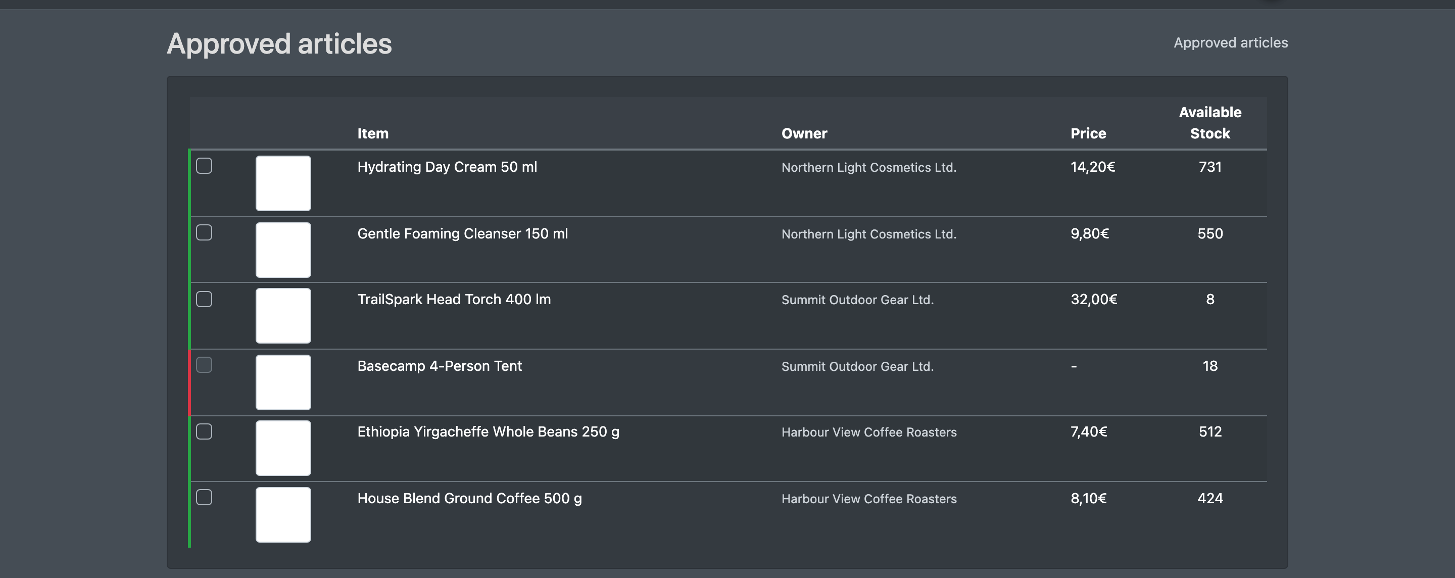 Screenshot: List "All approvals" with article, owner, price and available stock