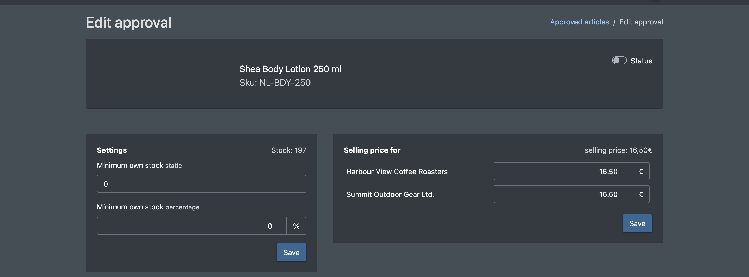Screenshot: Page "Edit approval" with the Settings box (minimum inventory static and percentage), the status switch and the selling price per partner