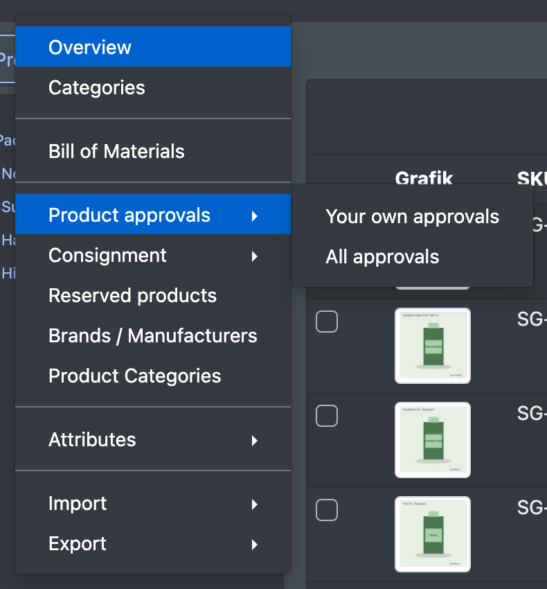 Screenshot: Menu "Catalogue › Product approvals" opened with the entries "Your own approvals" and "All approvals"