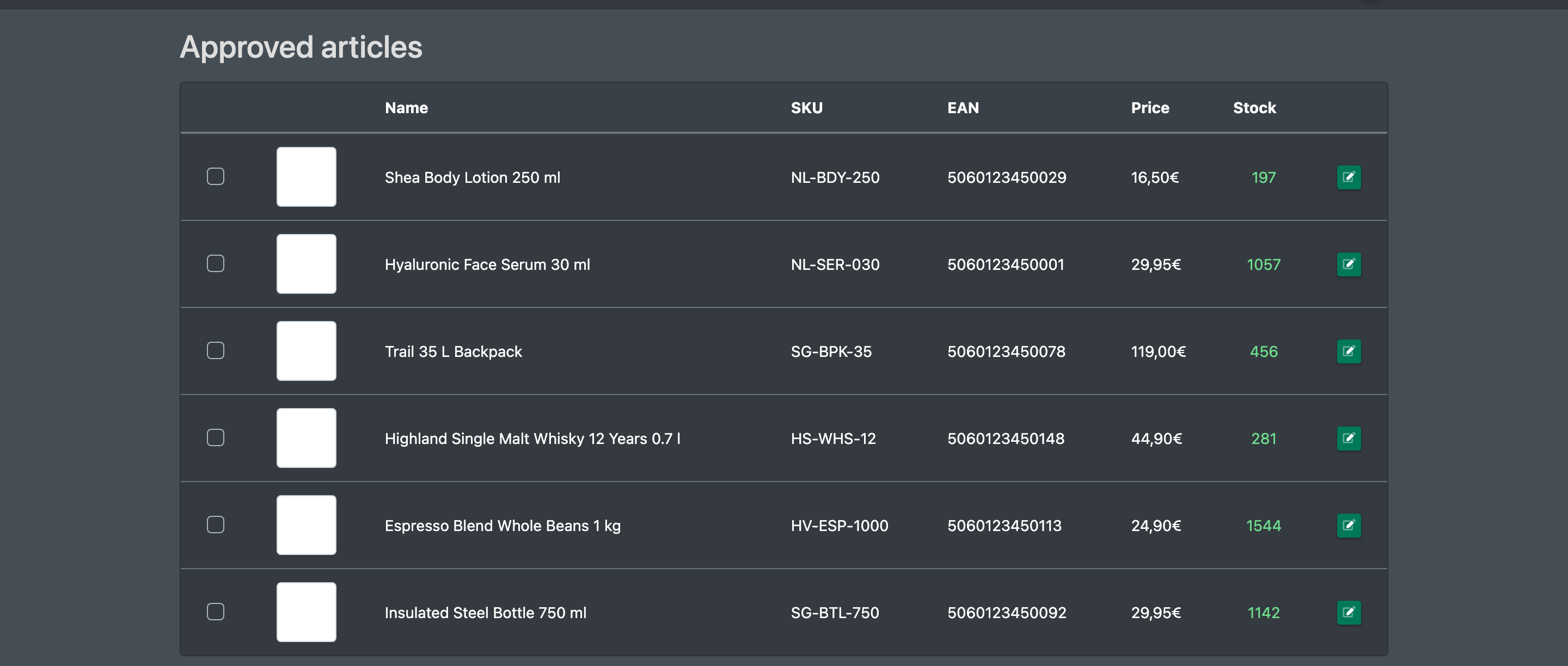 Screenshot: List "Approved articles" with SKU, EAN, name, price and stock columns