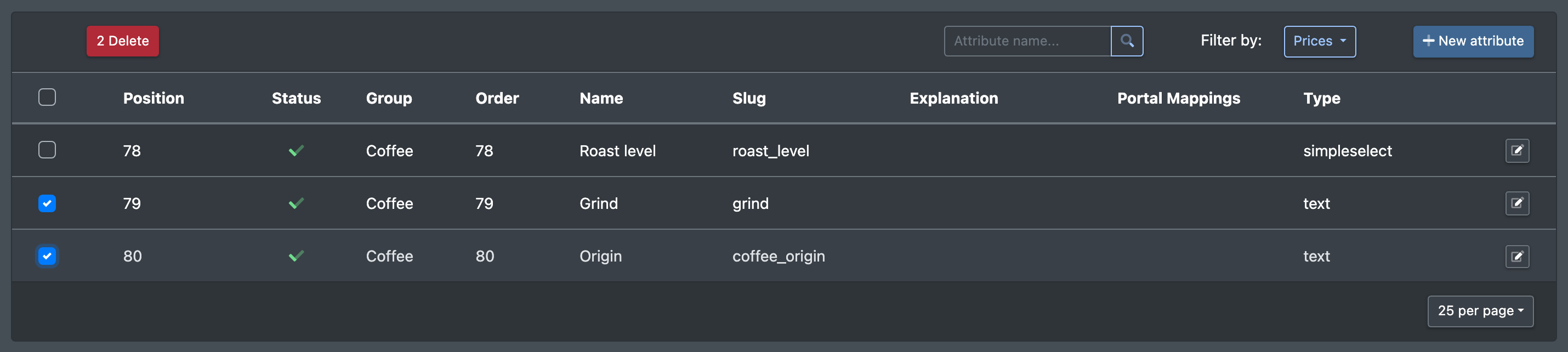 Screenshot: Attribute fields list with two fields ticked and the Delete button