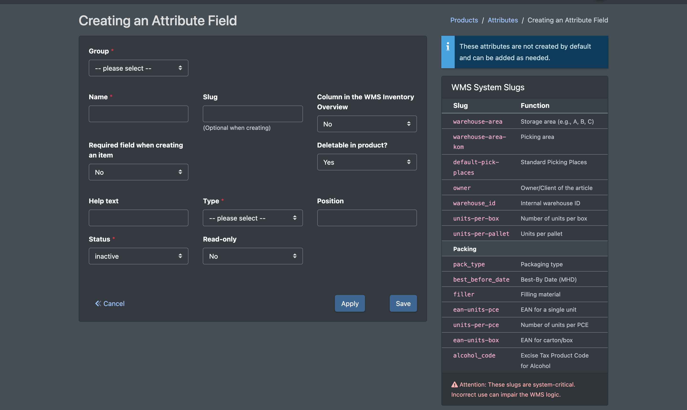 Screenshot: Form "Creating an Attribute Field" with group, name, slug, type and the WMS system slugs list on the right
