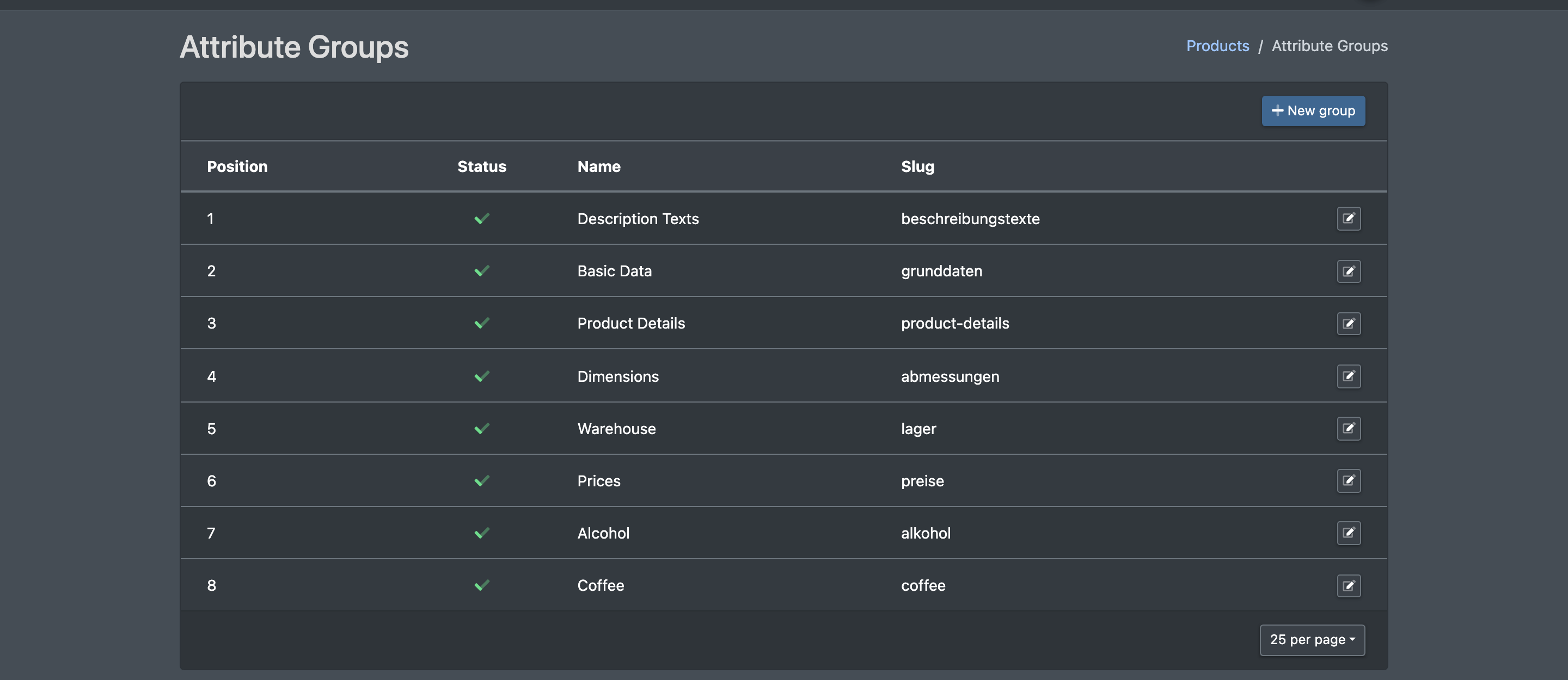 Screenshot: Attribute groups overview with the columns Name, Slug, Position and Status