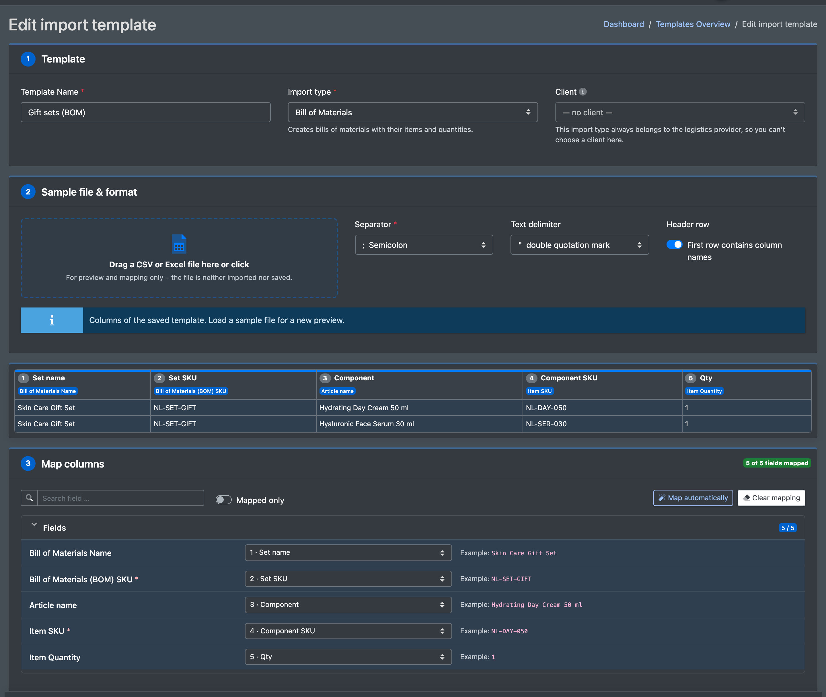 Screenshot: Import template with the target "Stücklisten" and the mapped columns