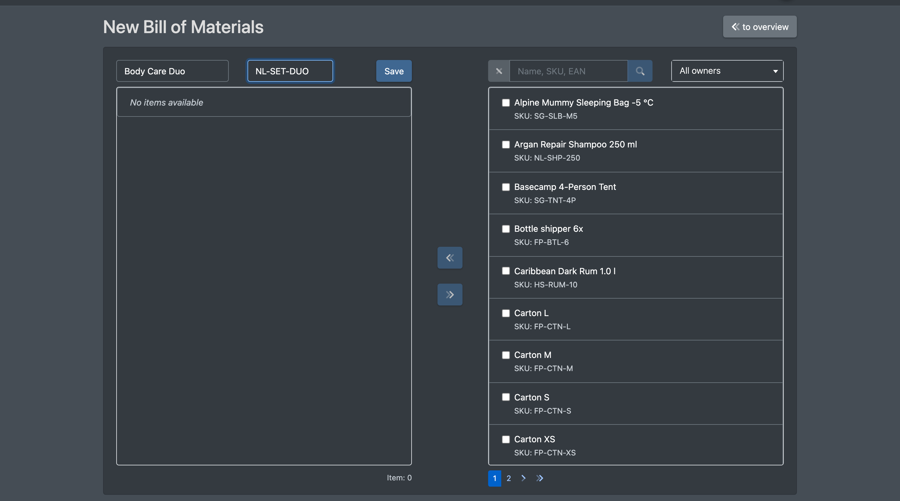Screenshot: "New Bill of Materials" page with name and SKU at the top, the bill of materials on the left and the article pool with search on the right