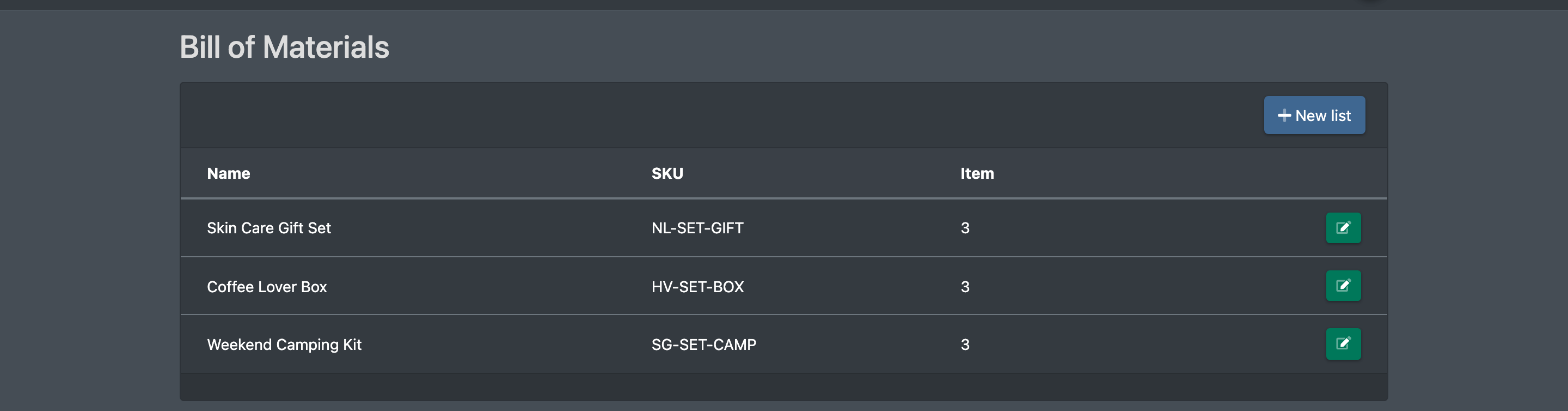 Screenshot: Bill of Materials overview with the columns Name, SKU and number of articles