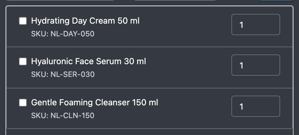 Screenshot: Bill of materials with three articles and their quantity fields