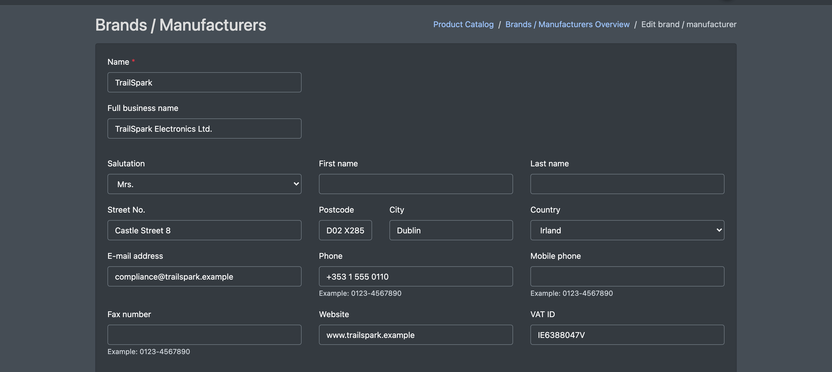 Screenshot: Form "Create brand / manufacturer" with name and address fields