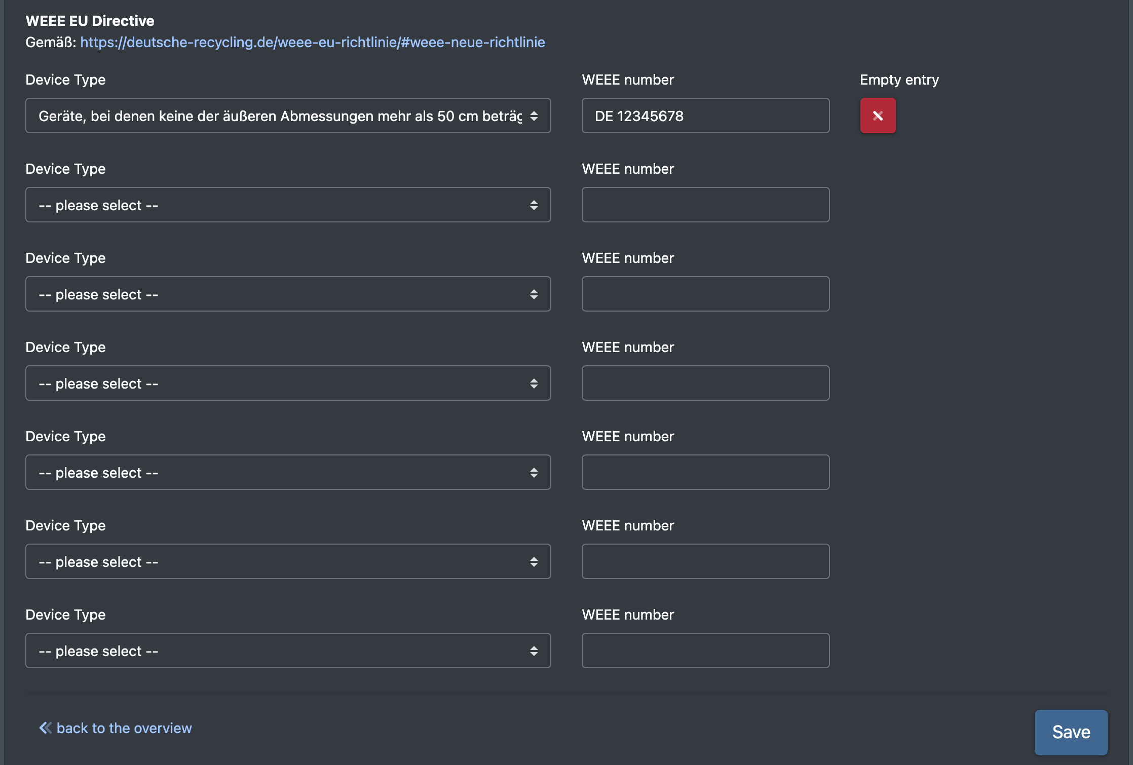 Screenshot: WEEE EU Directive section with device type drop-down, WEEE number and the "Empty entry" button