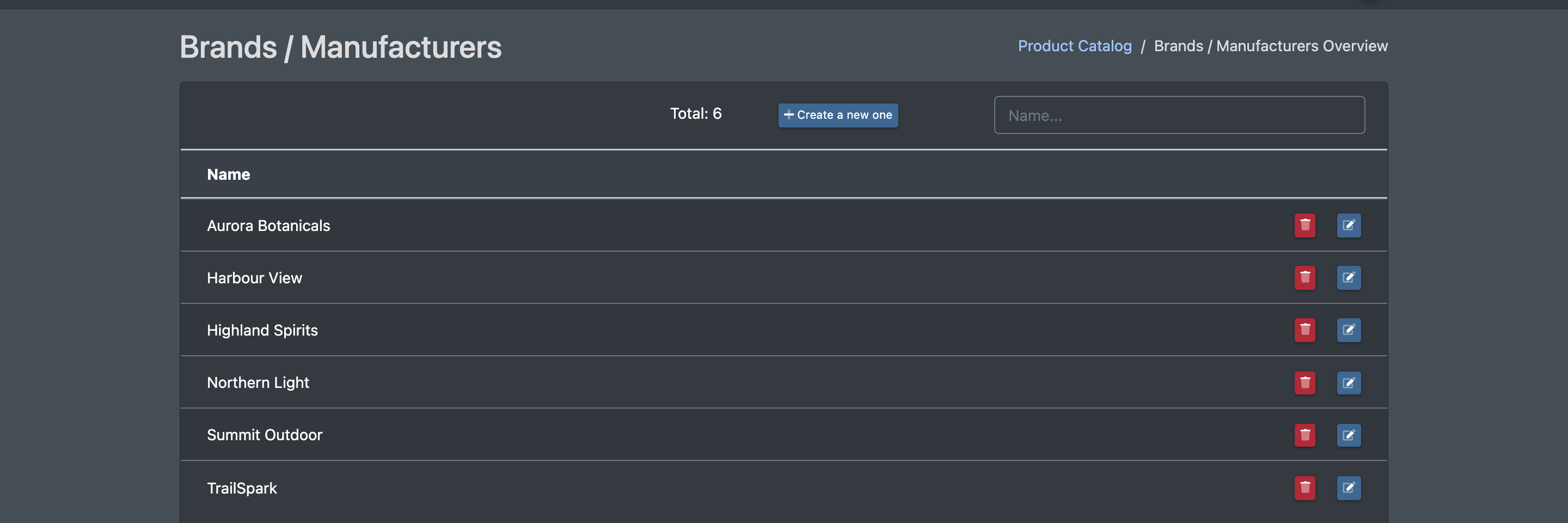 Screenshot: Brands / Manufacturers Overview with the search field and the list of brands