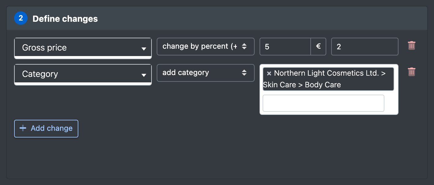 Screenshot: Area "Define changes" with a change "Price – change by percent (+ / - %) – 5" and a change "Category – add category"