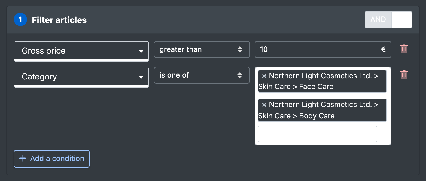 Screenshot: Area "Filter articles" with AND selected and two conditions (price greater than 10, category is one of …)