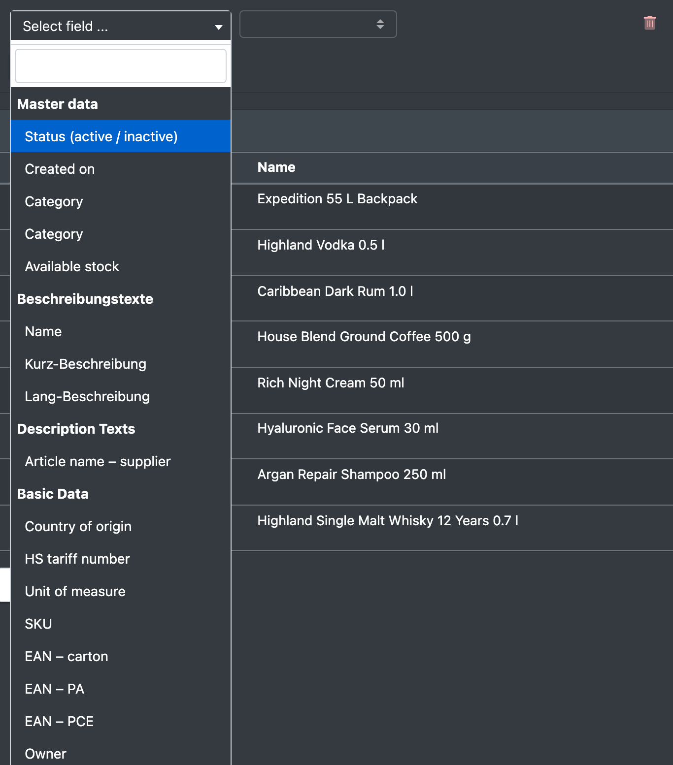 Screenshot: Field dropdown of a condition opened, showing the groups "Master data" and the attribute groups