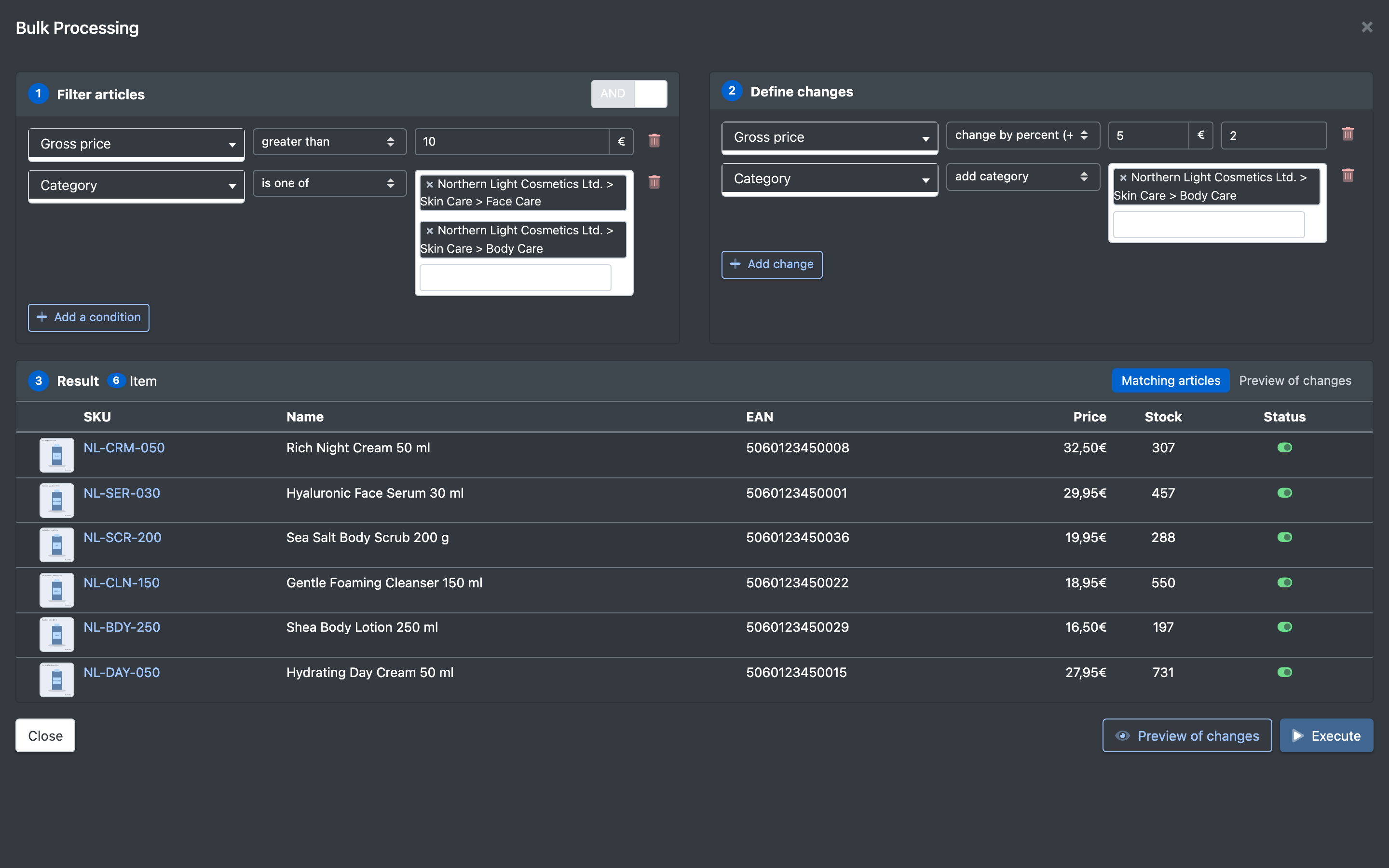 Screenshot: Full-screen bulk processing overlay with the three areas "Filter articles", "Result" and "Define changes"